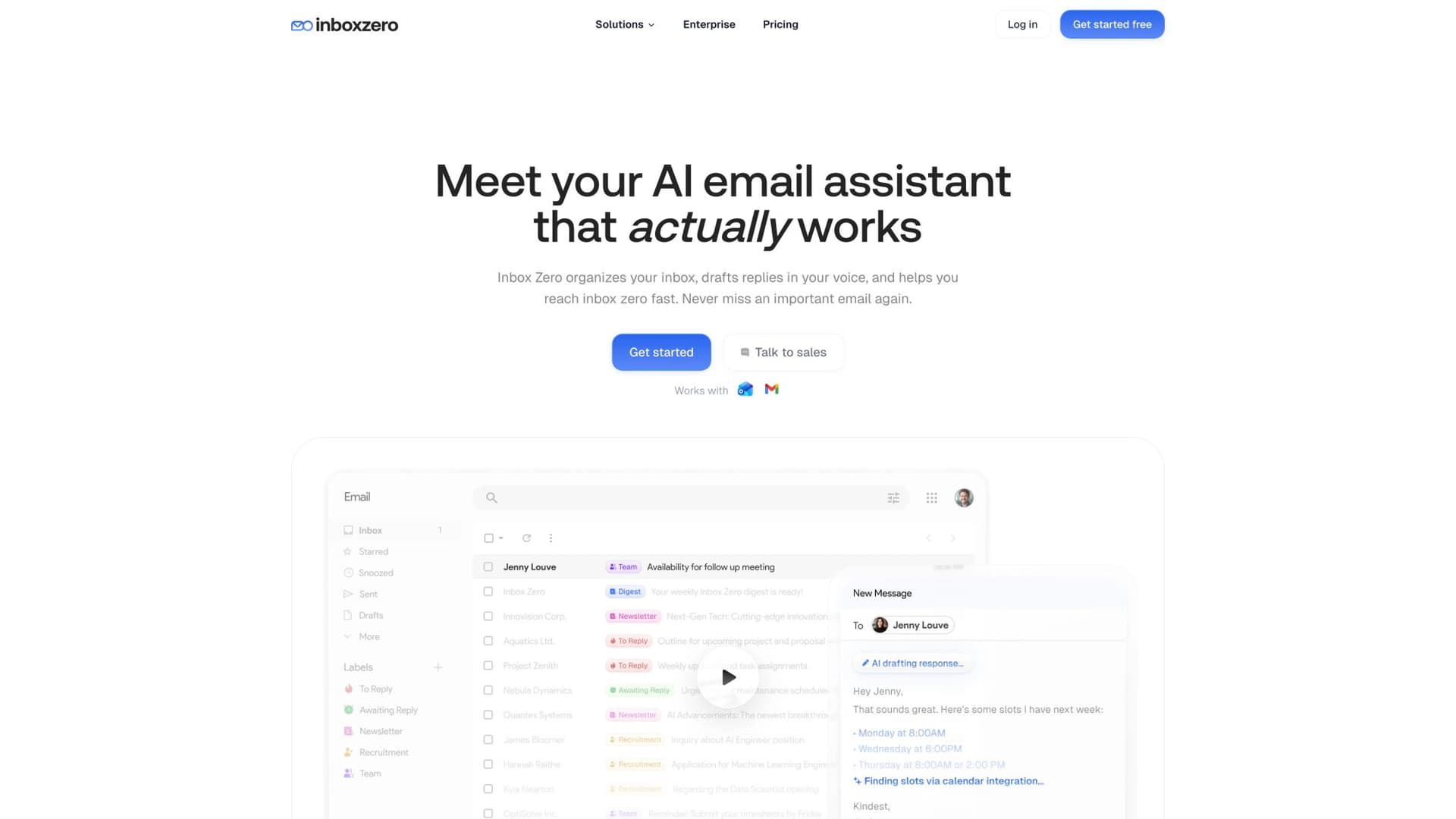 Inbox Zero AI email assistant homepage showing automated email management and inbox cleanup features for GDPR compliance